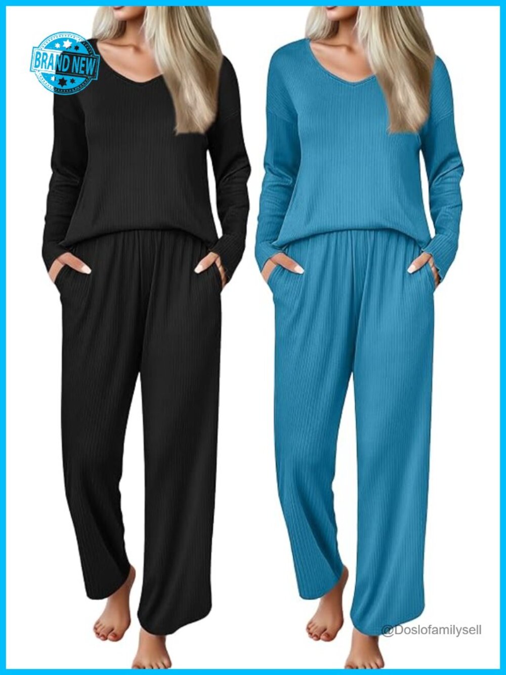 2 Pack Womens Ribbed Knit Pajama Sets V Neck Soft Lounge Sets Long Sleeve PJs